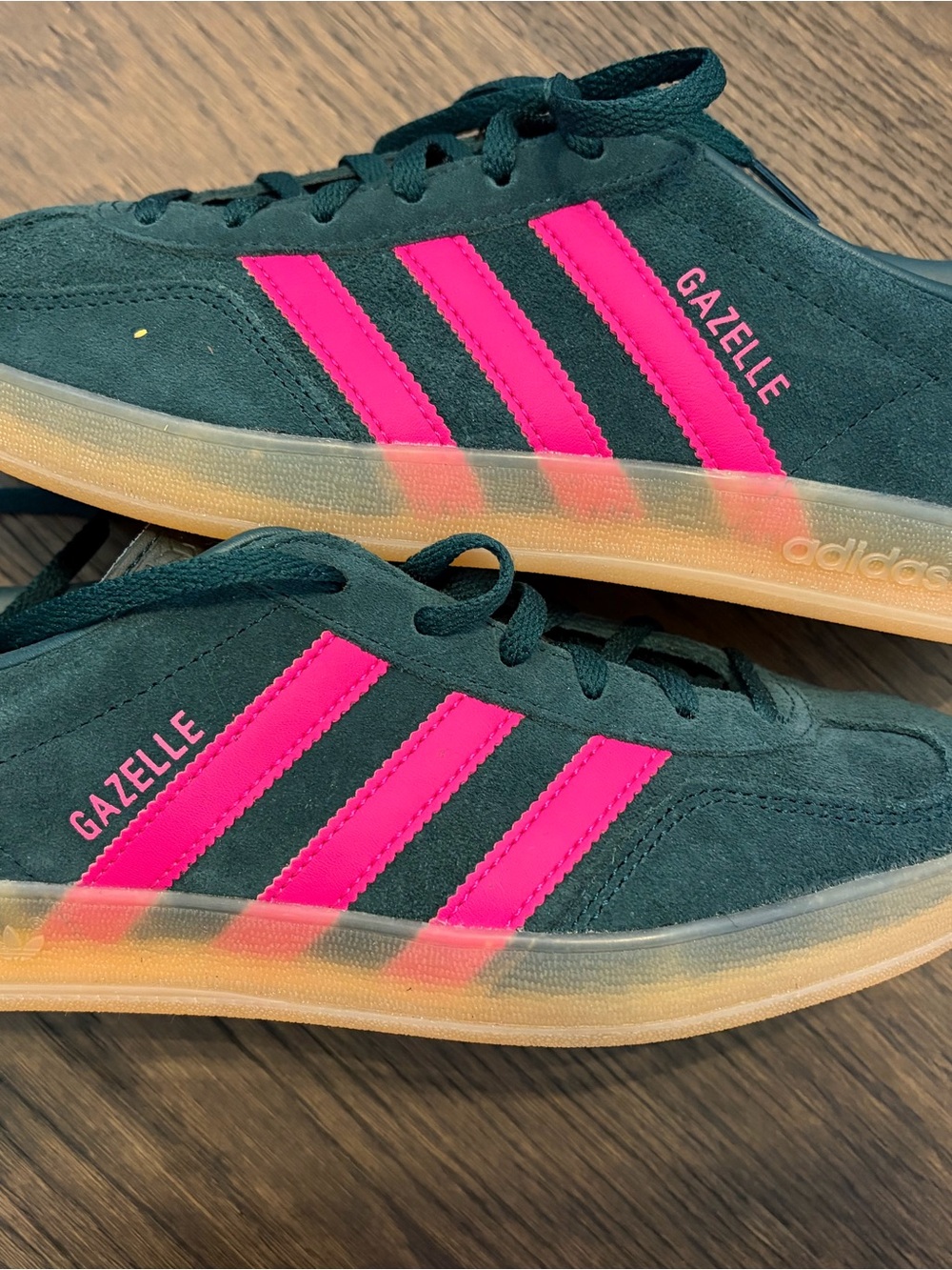 adidas Gazelle Women’s Dark Green Suede Sneakers with Bright Pink Stripes